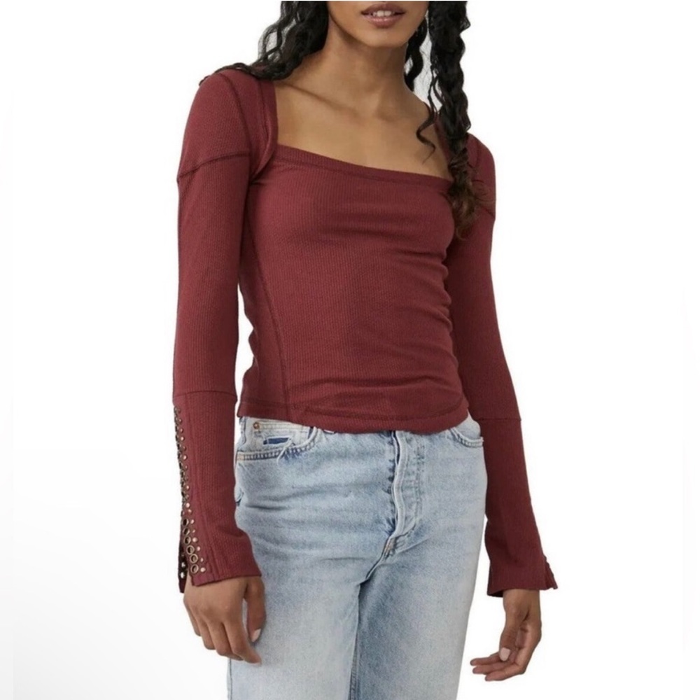 NWOT Free People A Little Unruly Red Jasper Long Sleeve Eyelet Stretch Knit XS